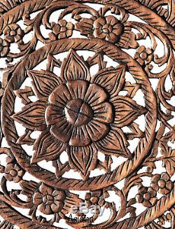 Large Round Wood Carved Floral Wall Art. Tropical Home Decor Wood Wall Panels. 24
