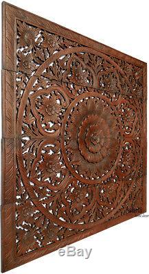 Large Square Wood Carved Fig Leaf Lotus Wall Art Panel. Asian Home Decor. 48