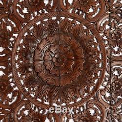 Large Square Wood Carved Fig Leaf Lotus Wall Art Panel. Asian Home Decor. 48