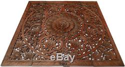Large Square Wood Carved Fig Leaf Lotus Wall Art Panel. Asian Home Decor. 48