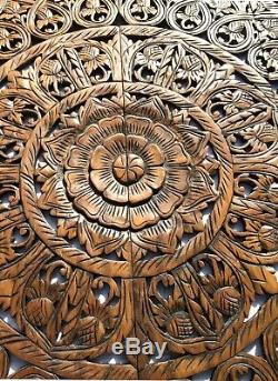 Large Square Wood Carved Floral Wall Art Panel. Tropical Home Decor Wood Wall. 48