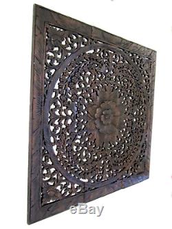 Large Teak Wood Wall Carving Thai Carved Wooden Lotus Plaque Relief Panels 35