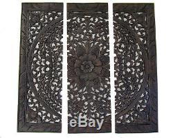 Large Teak Wood Wall Carving Thai Carved Wooden Lotus Plaque Relief Panels 35