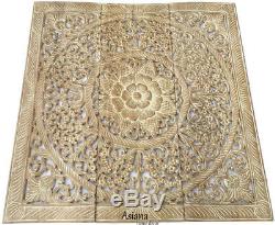 Large Wood Carved Floral Wall Art Panels. Asian Wood Wall Decor. White Wash, 36