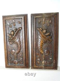 Lot of 2 French Vintage Hand Carved Wooden Panels cornupia decor