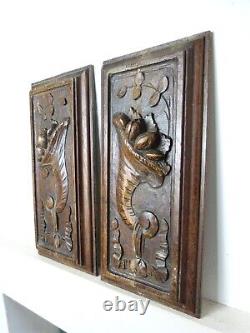 Lot of 2 French Vintage Hand Carved Wooden Panels cornupia decor
