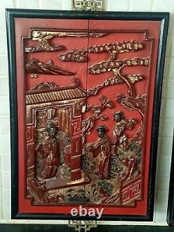 Lovely Pair of Antique Chinese Laquer Gilt Wood Panel Wall Hang DisplayQING