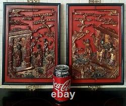 Lovely Pair of Antique Chinese Laquer Gilt Wood Panel Wall Hang DisplayQING