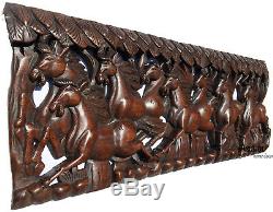 Lucky 8Horse Feng Shui Wood Carved Wall Panel. Tropical Home Decor. 35.5x13.5