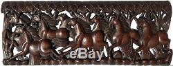 Lucky 8Horse Feng Shui Wood Carved Wall Panel. Tropical Home Decor. 35.5x13.5