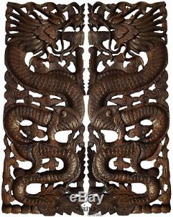 Lucky Chinese Dragon Carved Wood Panels. Asian Home Decor. Set of 2. Dark Brown