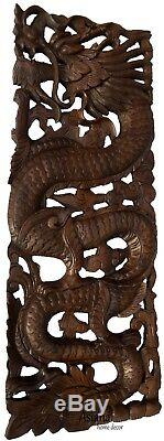 Lucky Chinese Dragon Carved Wood Panels. Asian Home Decor. Set of 2. Dark Brown