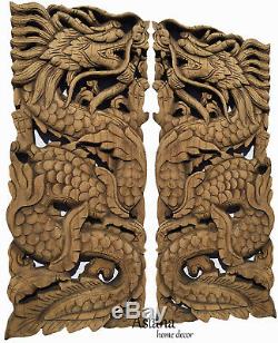 Lucky Chinese Dragon Carved Wood Small Panels. Asian Home Decor. Rustic Brown