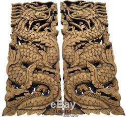 Lucky Chinese Dragon Carved Wood Small Panels. Asian Home Decor. Rustic Brown