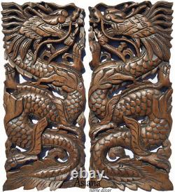 Lucky Chinese Dragon Carved Wood Small Panels. Asian Home Decor. Set of 2 Brown