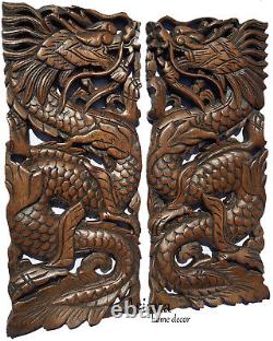 Lucky Chinese Dragon Carved Wood Small Panels. Asian Home Decor. Set of 2 Brown