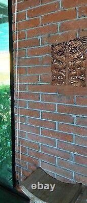 Lucky Chinese Dragon Carved Wood Small Panels. Asian Home Decor. Set of 2 Brown