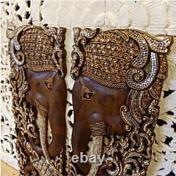 Lucky Elephant Teak Wood Carved Wall Art Panel Asian Handmade Home Decor Gift x2