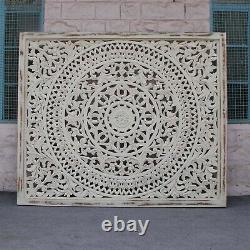 MADE TO ORDER Dynasty Hand Carved Indian Wooden Carved Panel Bedhead White wash