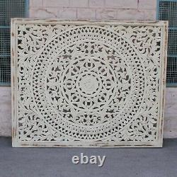 MADE TO ORDER Dynasty Hand Carved Indian Wooden Carved Panel Bedhead White wash