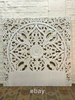 MADE TO ORDER Floral Hand Carved Indian Solid Wood Bed Panel Bed Headboad White