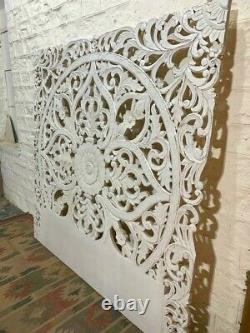 MADE TO ORDER Floral Hand Carved Indian Solid Wood Bed Panel Bed Headboad White