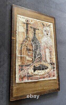 MCM Picasso Style Art Pottery Carved Clay Relief SIGNED Wood Mounted Panel