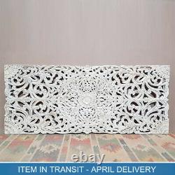 Mandala Hand Carved Indian Solid Wood Bedhead Panel Floral Whitewash 200 cm