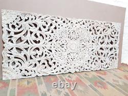 Mandala Hand Carved Indian Solid Wood Bedhead Panel Floral Whitewash 200 cm