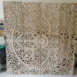 Mandala Headboard King White Wash Wood Carving Panel 180 x 180 Cm Wall Hanging