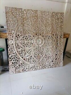 Mandala Headboard King White Wash Wood Carving Panel 180 x 180 Cm Wall Hanging