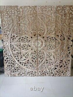 Mandala Headboard King White Wash Wood Carving Panel 180 x 180 Cm Wall Hanging