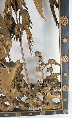 Massive Antique Chinese Carved Gilt Wood BIrd Landscape Wall Panel Birds Flowers