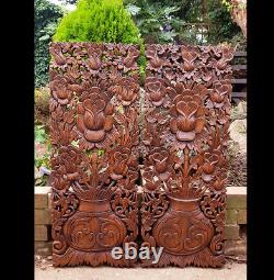 Master Carved Teak Wood 2 Piece Lily Lotus Flowers, Roses, Wall Panels, Wall Art