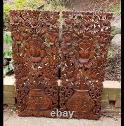 Master Carved Teak Wood 2 Piece Lily Lotus Flowers, Roses, Wall Panels, Wall Art