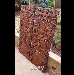 Master Carved Teak Wood 2 Piece Lily Lotus Flowers, Roses, Wall Panels, Wall Art