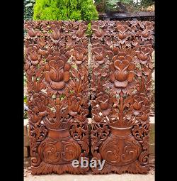 Master Carved Teak Wood 2 Piece Lily Lotus Flowers, Roses, Wall Panels, Wall Art