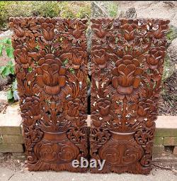 Master Carved Teak Wood 2 Piece Lily Lotus Flowers, Roses, Wall Panels, Wall Art