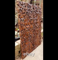 Master Carved Teak Wood 2 Piece Lily Lotus Flowers, Roses, Wall Panels, Wall Art