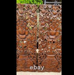 Master Carved Teak Wood 2 Piece Lily Lotus Flowers, Roses, Wall Panels, Wall Art