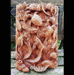 Master Carved Turtles, Fish Hand Carved Relief Wall Panel, Sealife, Wall Art, Asia