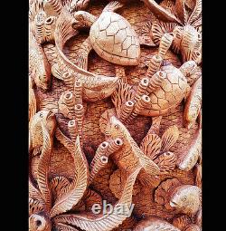Master Carved Turtles, Fish Hand Carved Relief Wall Panel, Sealife, Wall Art, Asia