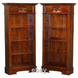 Matching Pair Of Lovely Ornately Carved Panelled Mahogany Library Bookcases