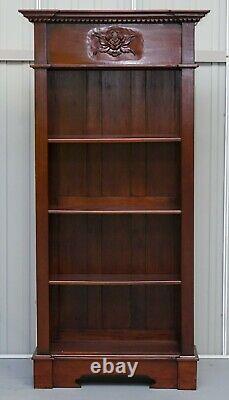 Matching Pair Of Lovely Ornately Carved Panelled Mahogany Library Bookcases