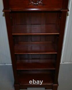 Matching Pair Of Lovely Ornately Carved Panelled Mahogany Library Bookcases