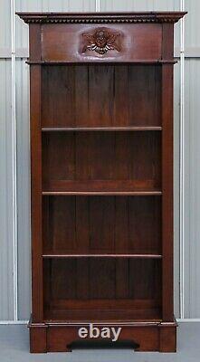 Matching Pair Of Lovely Ornately Carved Panelled Mahogany Library Bookcases