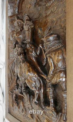Medieval Wood Sculpture Lion Hunting Antique Carved Wood Panel Horse
