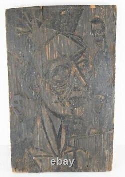 Mid Century Abstract Expressionist Figurative Woodblock Carving Wood Panel