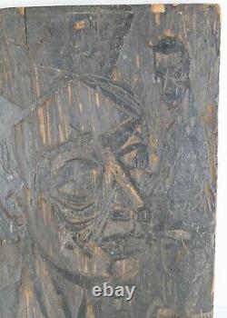Mid Century Abstract Expressionist Figurative Woodblock Carving Wood Panel