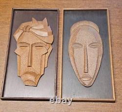 Mid-Century Carved Wood Relief Mask Wall Sculpture Panel, a pair, circa 1960